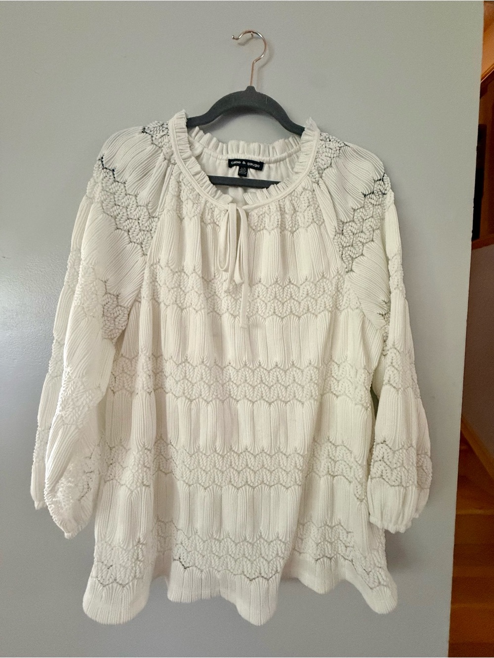 Cable & Gauge White Pleated Peasant Blouse Lace Tunic Top Balloon Sleeve Large
